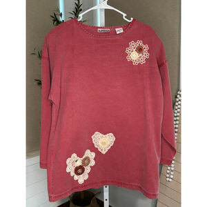 Women's Vintage Sunbelt Red Long Sleeve Tee with Cream Lace Appliques Size M